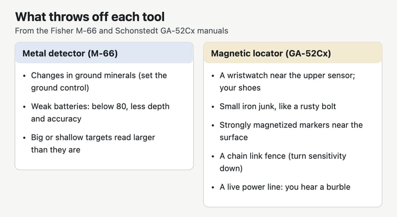 What throws off each tool. Metal detector: changes in ground minerals, weak batteries, and big or shallow targets that read larger than they are. Magnetic locator: a wristwatch near the upper sensor, shoes, small iron junk such as a rusty bolt, strongly magnetized markers near the surface, a chain link fence, and the burbling of a live power line.